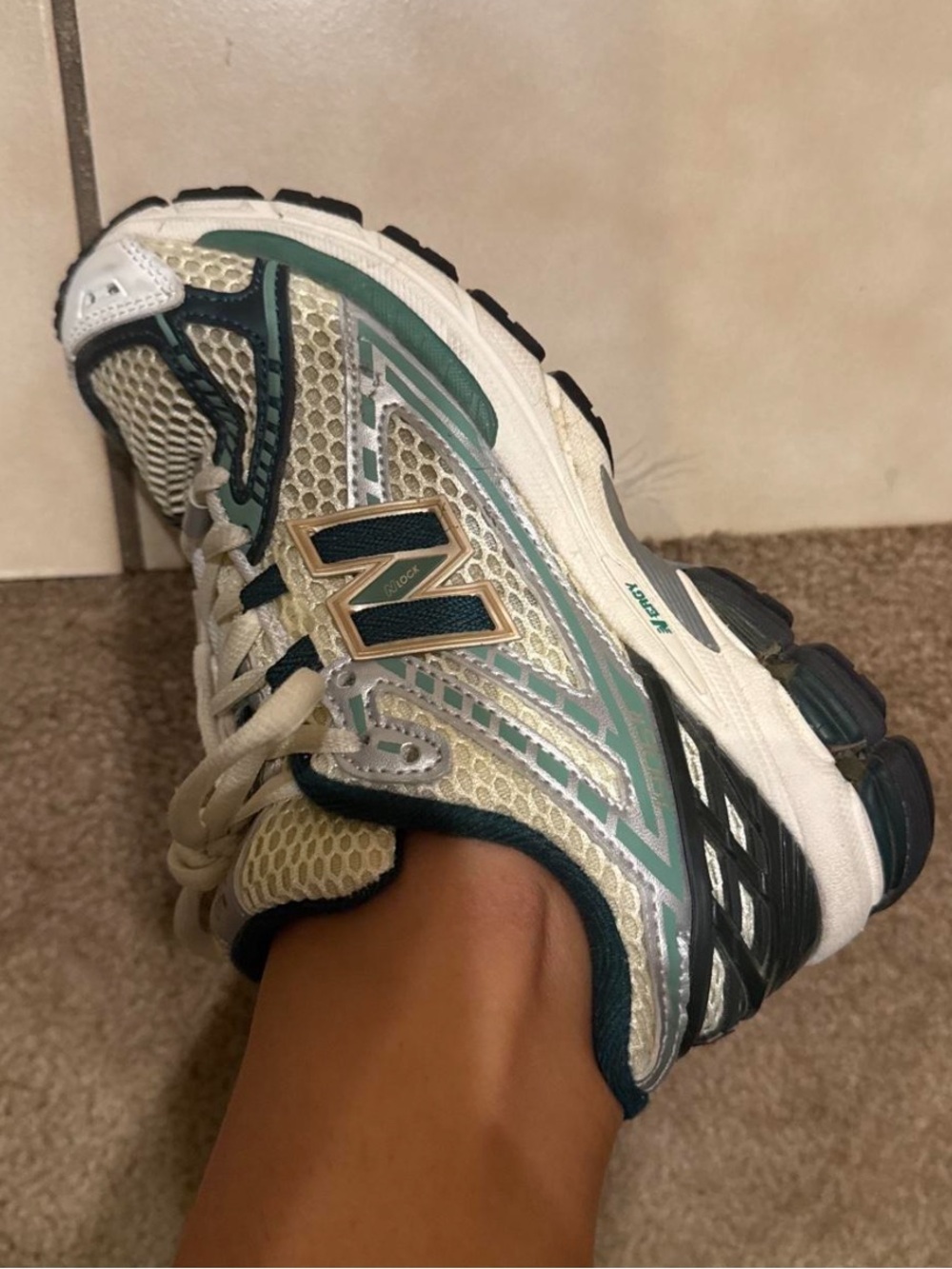 New Balance White and Green Athletic Sneakers - Picture 2 of 5